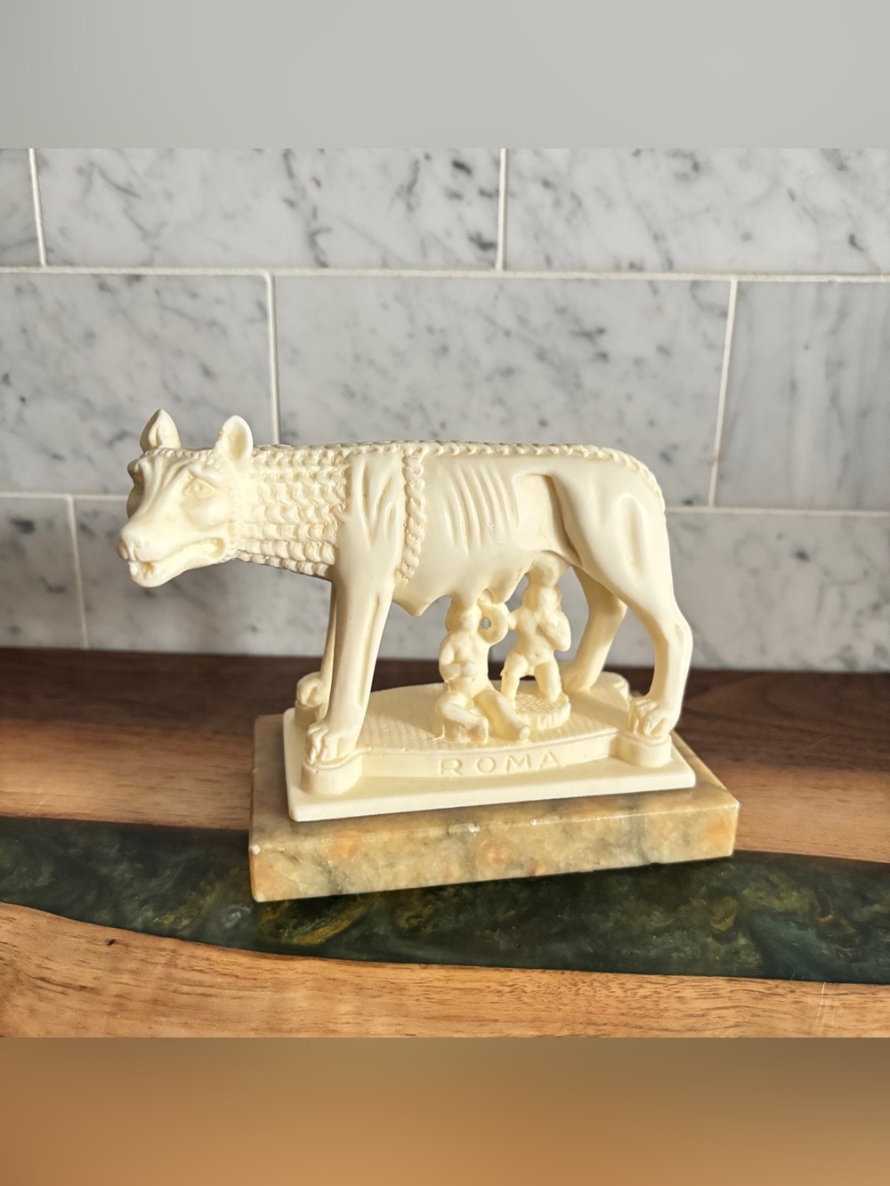 Vintage Signed Lupa Capitoline Wolf Romulus Remus Alabaster Statue on Marble
